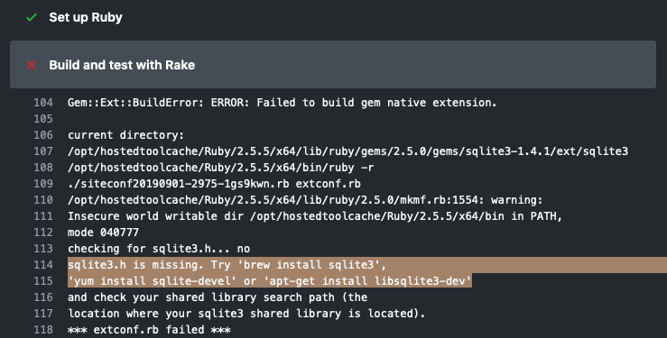 sqlite3.h is missing error in GitHub Actions Ruby workflow
