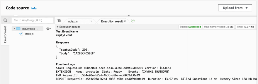 Screenshot of Code source in the AWS Lambda Console showing the `body` results of `1A2B3C4D5E6F` which is resolved from SSM Parameter Store.