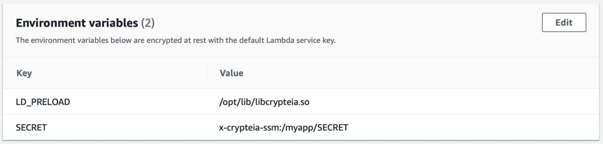 Screenshot of the Environment variables in the AWS Lambda Console showing `LD_PRELOAD` to `/opt/lib/libcrypteia.so` and `SECRET` to `x-crypteia-ssm:/myapp/SECRET`.